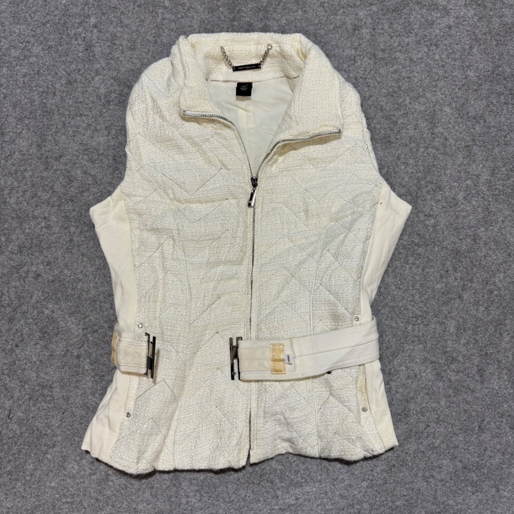 White House Black Market Ivory Tweed Quilted Belted Vest Womens XS Shimmer Zip